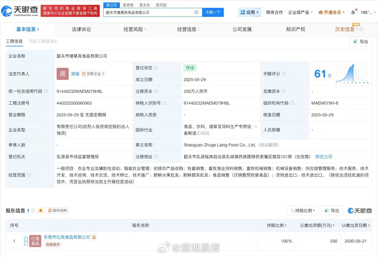 【#周瑜名下猪葛亮食品公司拟注销#，#猪葛亮食品公司拟注销#】潇湘晨报记者查询天