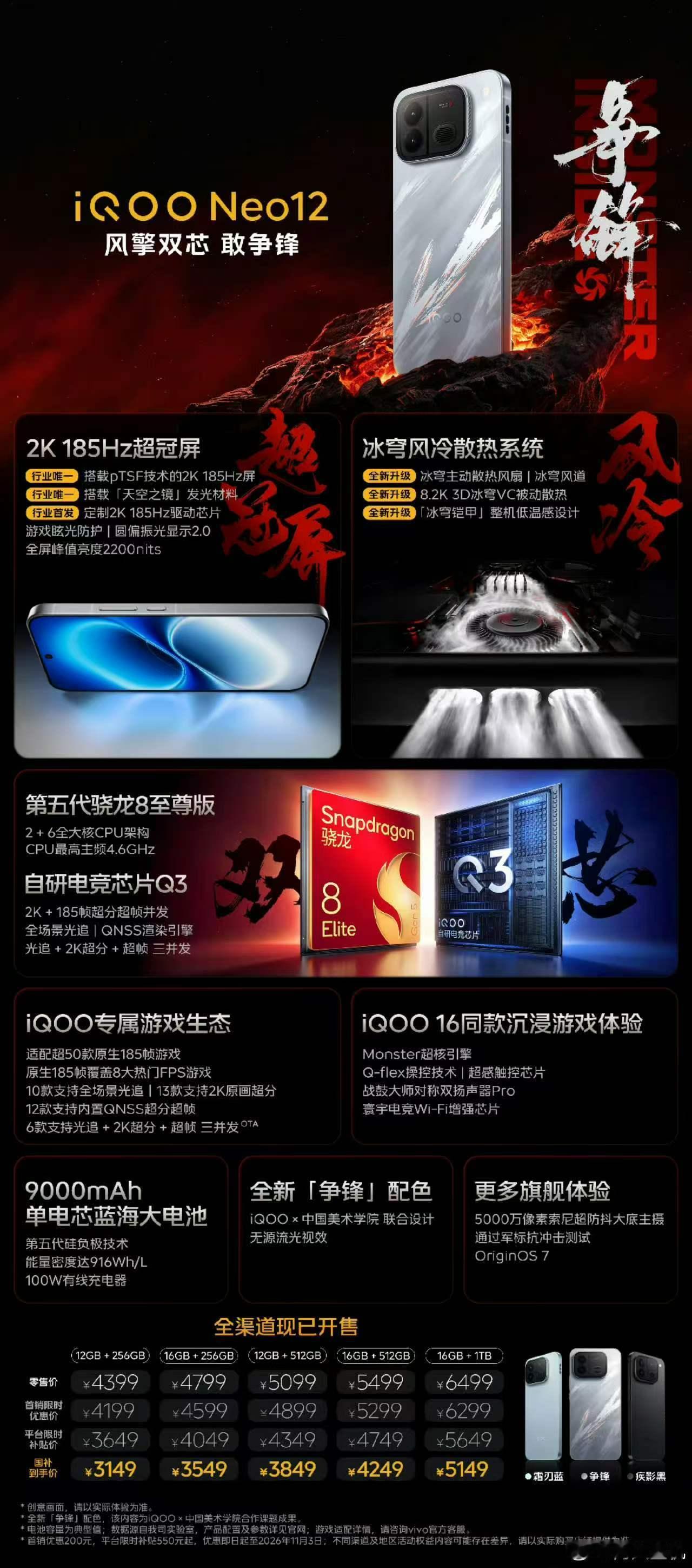 今晚iQOO Neo12正式亮相，硬件配置诚意拉满。搭载第五代骁龙8至尊版+自研