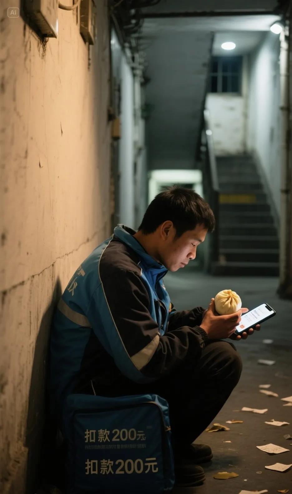 暴雨天撞见外卖小哥蜷在楼道啃冷包子，手机突然震动——订单被投诉扣200块。他抹了