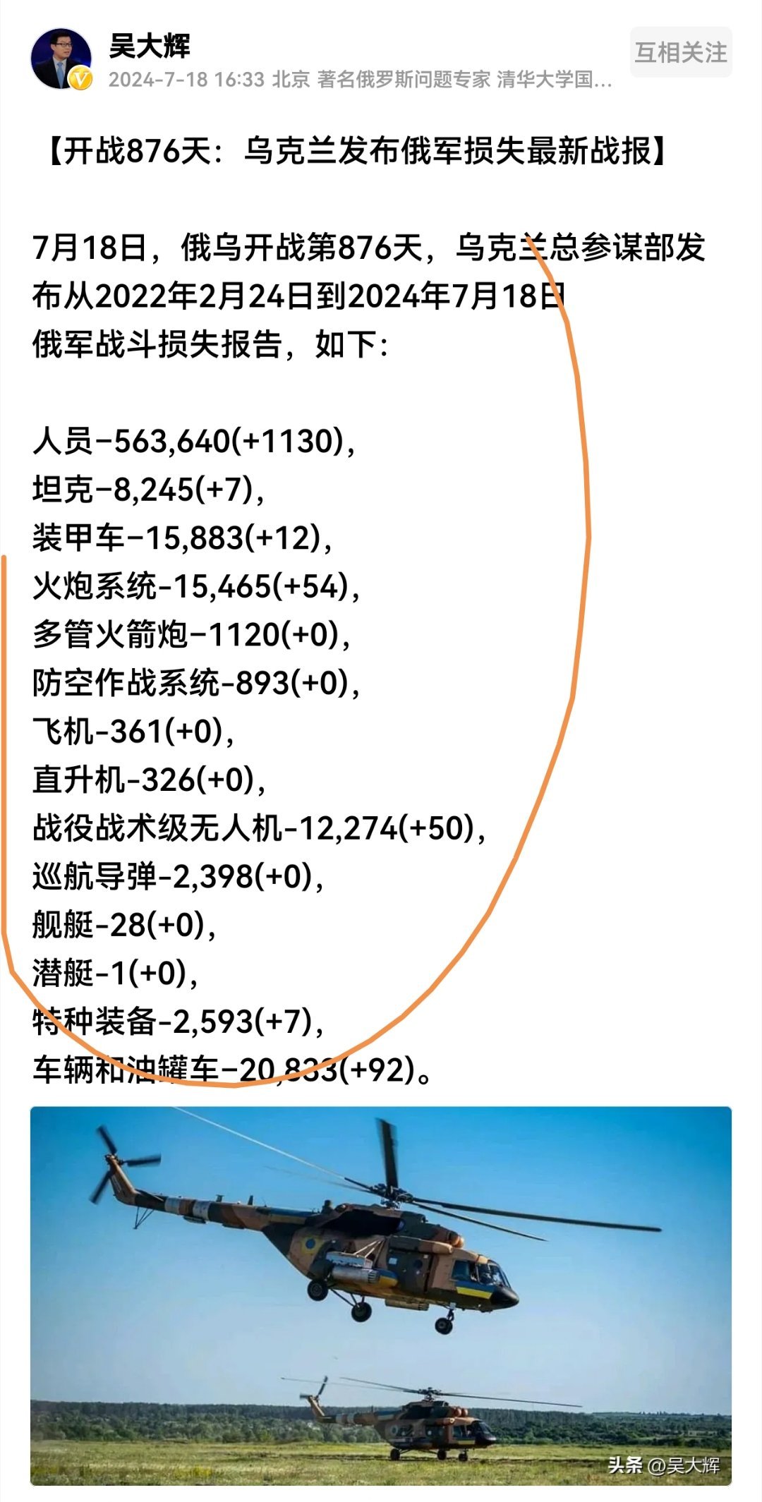 【开战876天：乌克兰发布俄军损失最新战报】7月18日，俄乌开战第876天，乌克