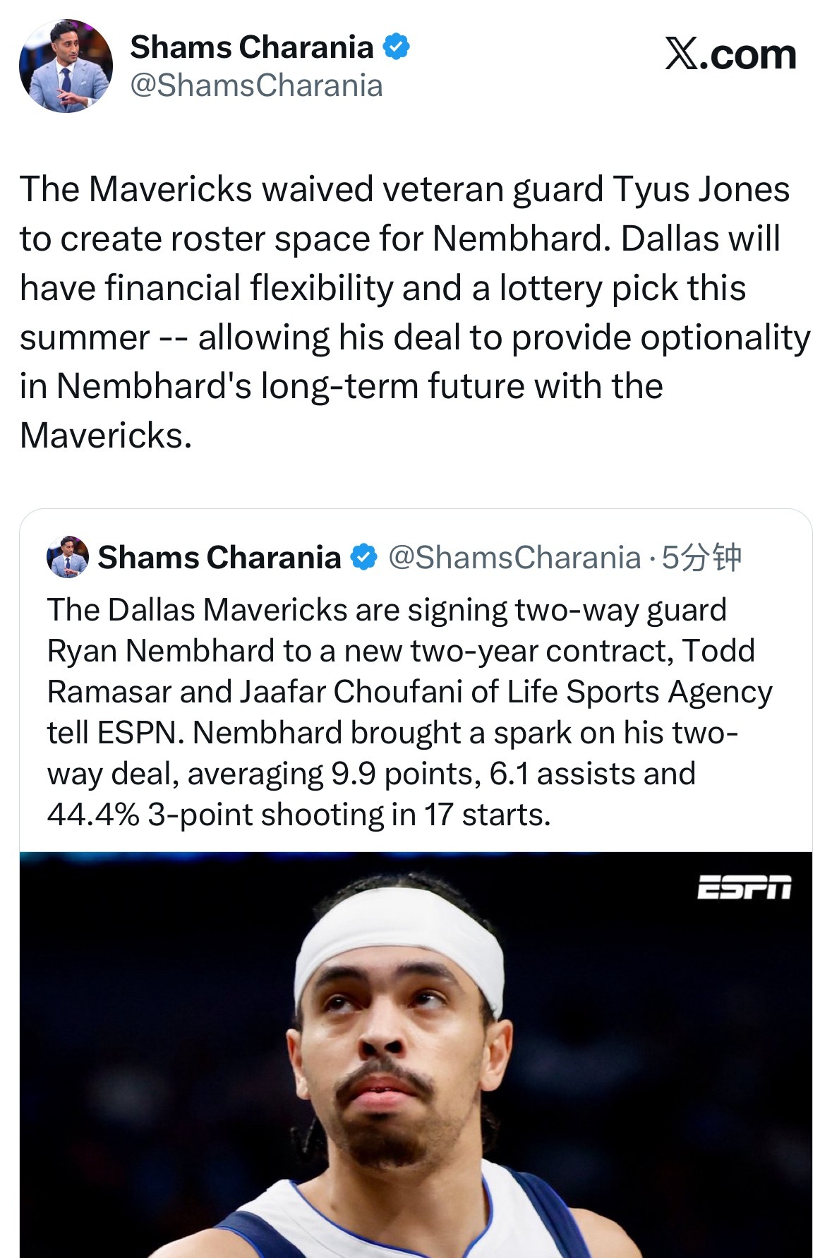 Shams：独行侠裁掉了老将后卫泰厄斯-琼斯，为内姆布哈德腾出阵容空间，签下两年