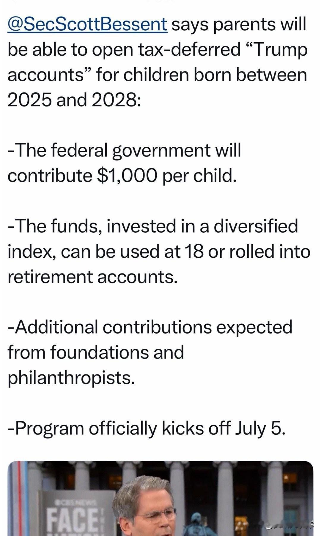 关于“川普账户”一些细节。
“父母可为 2025 至 2028 年间出生的孩子开