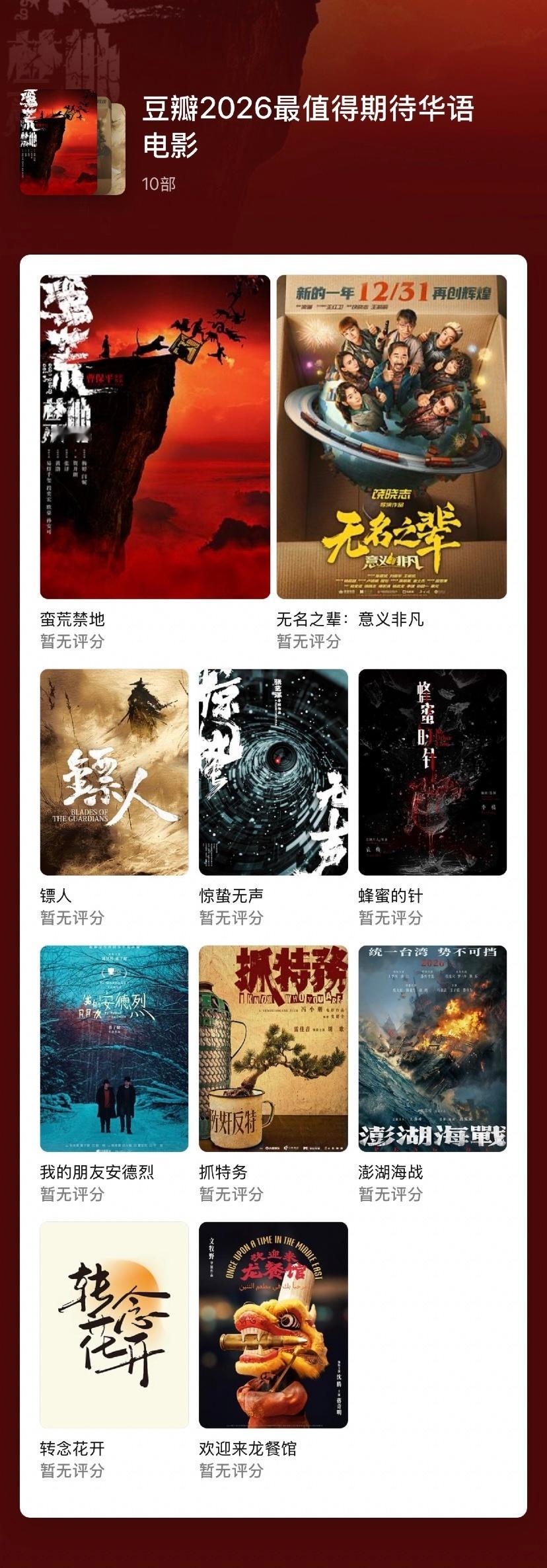 豆瓣公布2026年十大最值得期待华语电影，你期待哪一部？ 