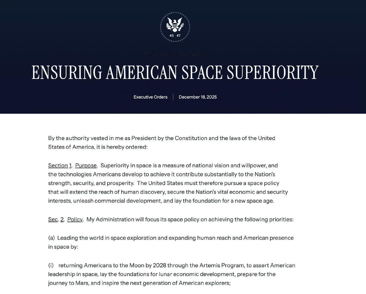 特靠谱12月18日签署了一项行政命令，承诺美国将在2028年前重返月球，在203