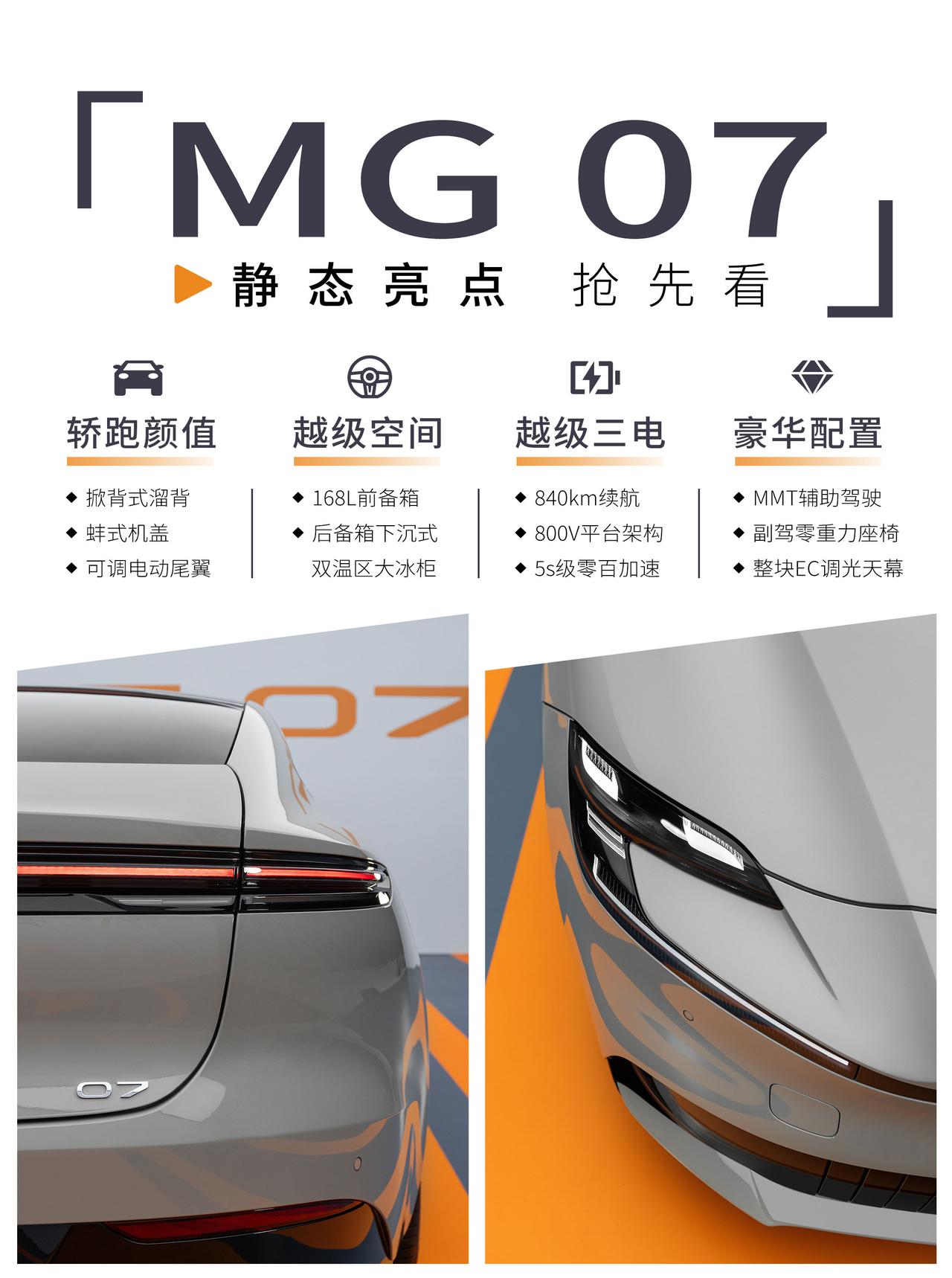 刚看完MG07的静态实车，作为MG转向新能源后推出的首款纯电轿跑，这台车有不少亮