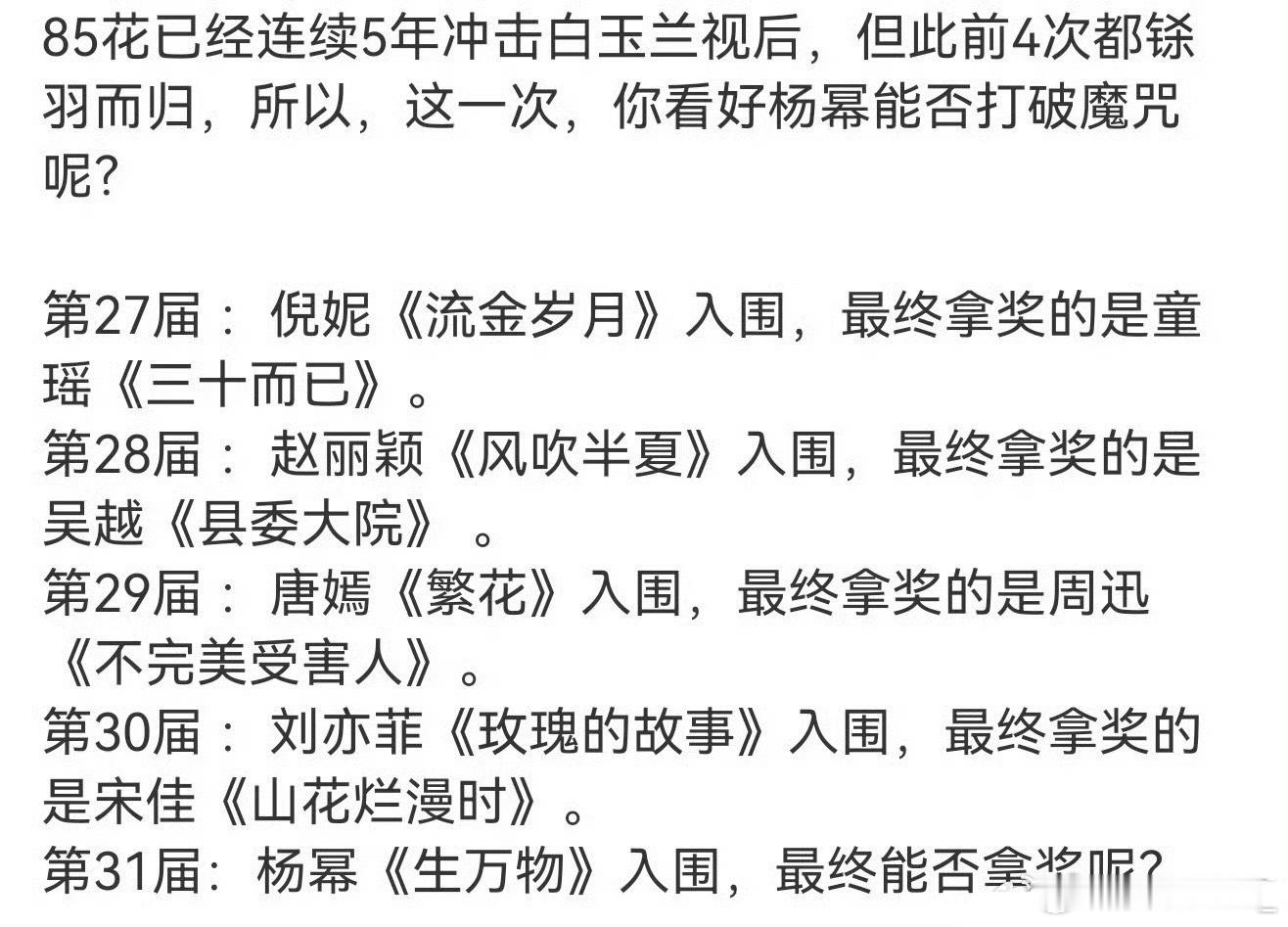 杨幂85花唯一提名最佳女主角？？？应该是最后一名85花提名最佳女主角吧，其他85