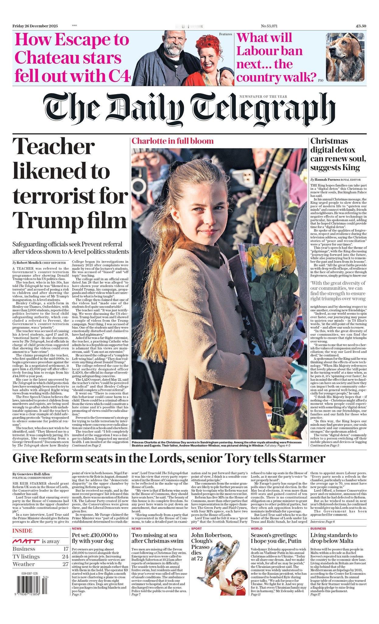 《每日电讯报》今天的头条新闻是，英国牛津郡一名高中教师，因为在课堂上向学生们播放