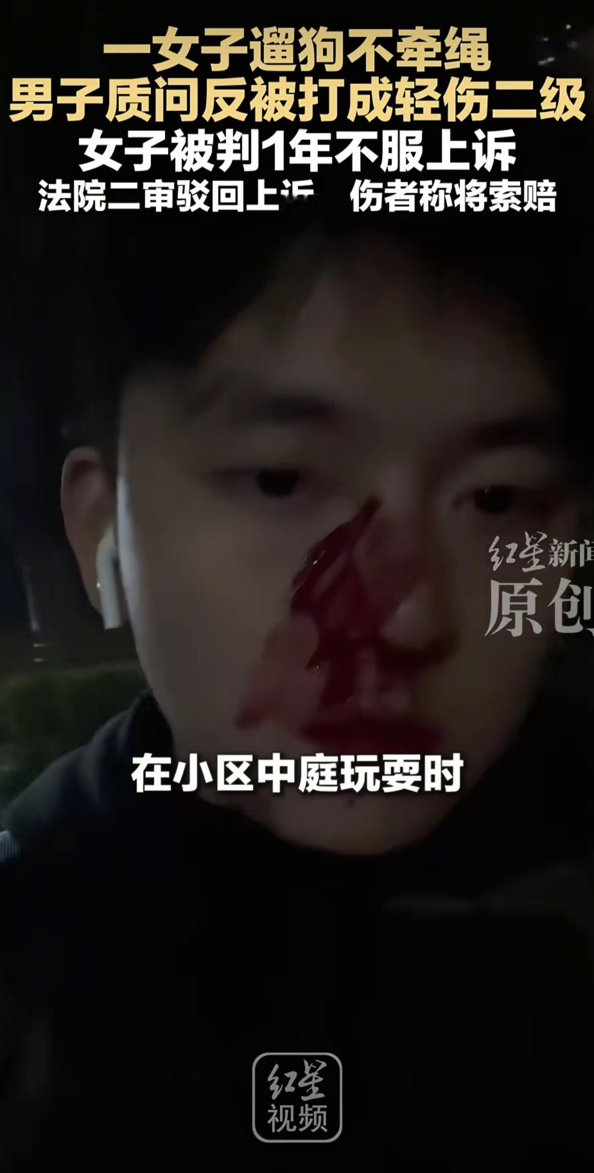 重庆，男子在小区里行走时，被两条没牵绳的狗追赶摔倒在绿化带中，男子提醒遛狗女子遛