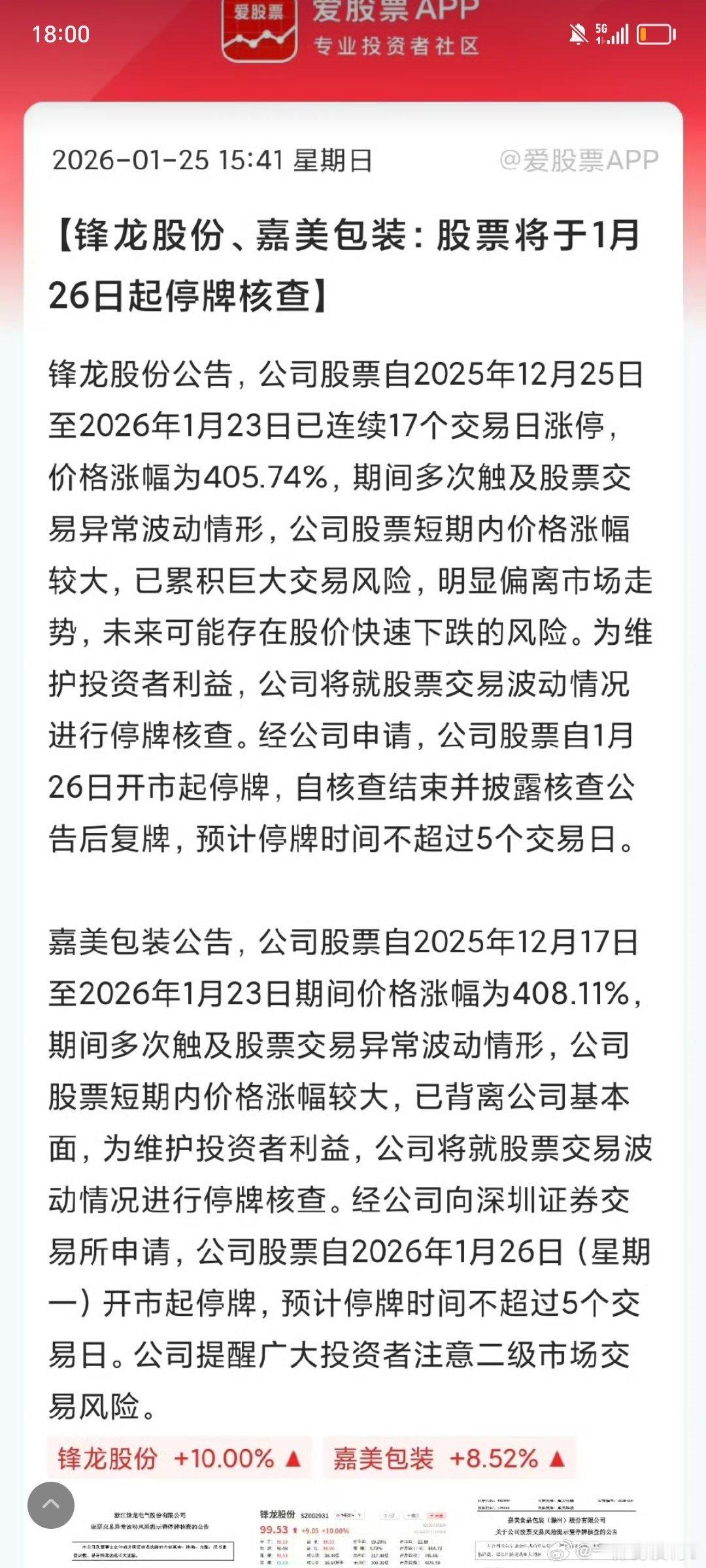 锋龙股份十八连板后，和嘉美包装一起被监管，关进小黑屋了，加上周五对大户处超10亿