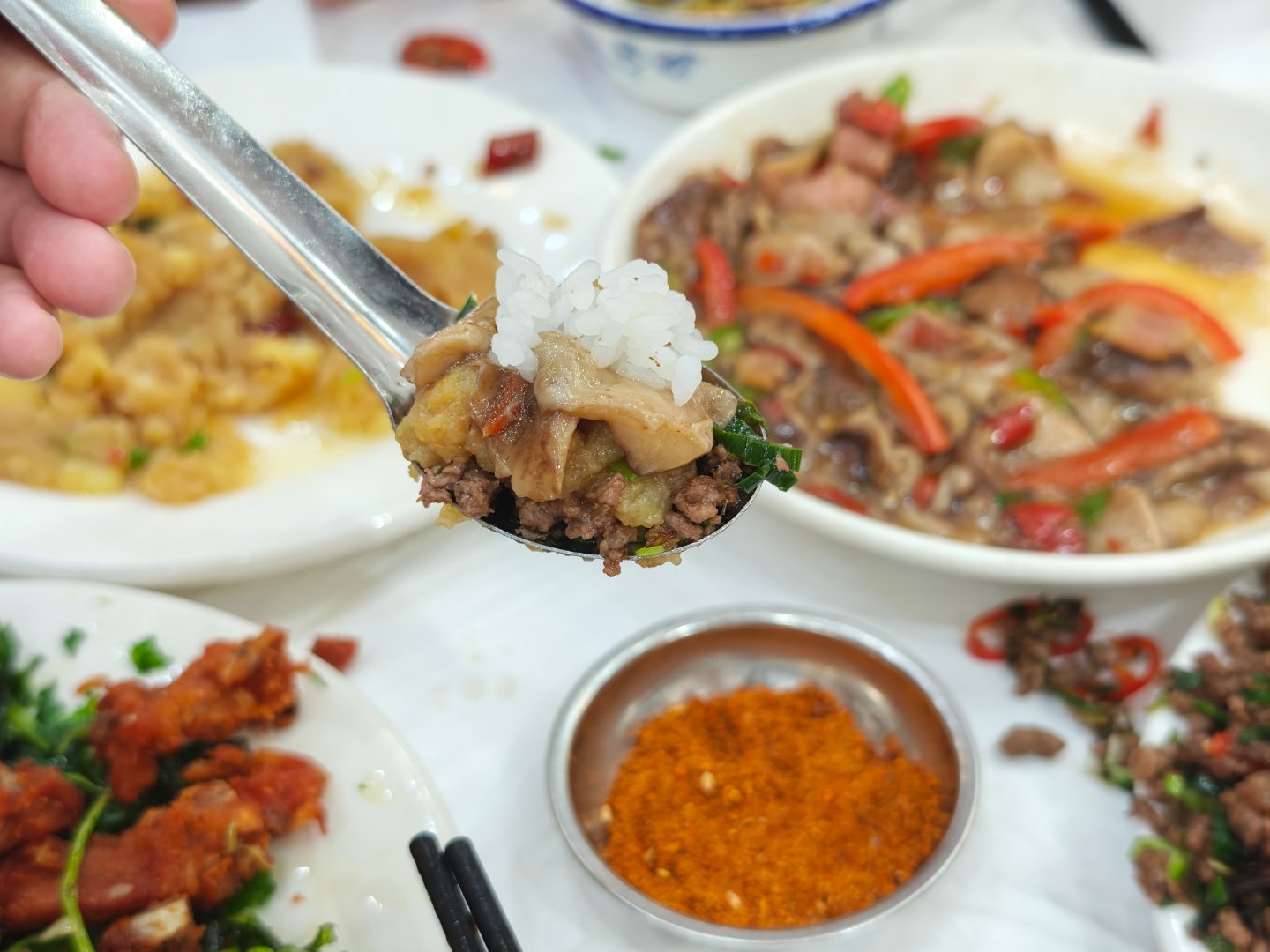 一勺耗牛肉末+土豆泥+野生菌子+饭，太满足了 丽江