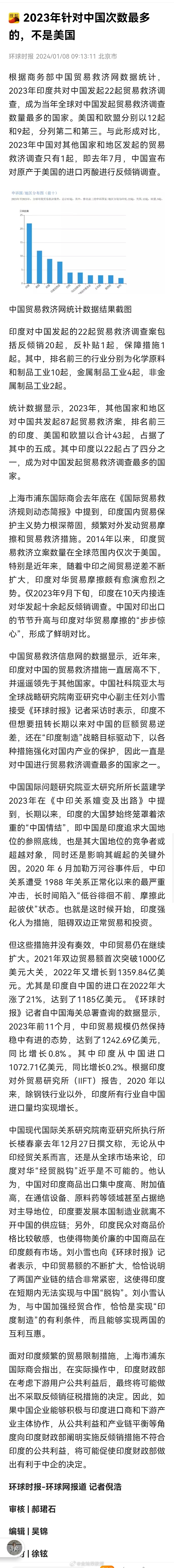 根据商务部中国贸易救济网数据统计，2023年印度共对中国发起22起贸易救济调查，