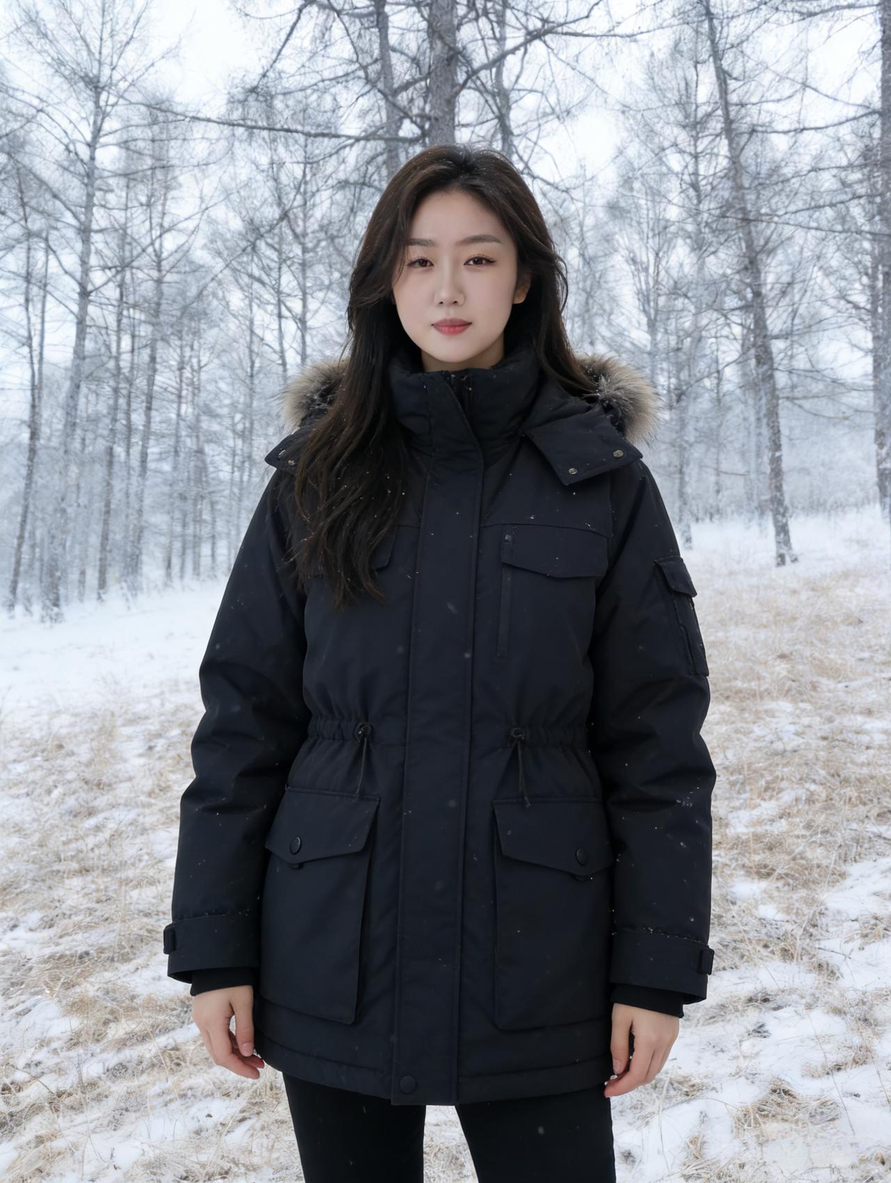 寒林漠漠雪霏霏，美人携风踏翠微。
衣袂翩跹惊鹤舞，心随落雪共纷飞。