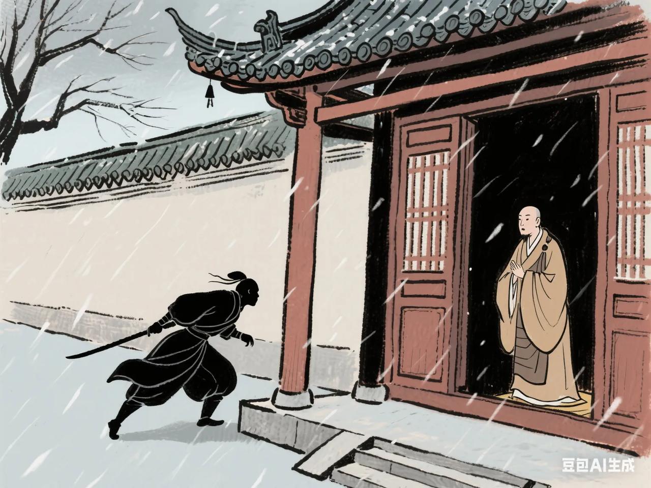 唐天宝年间，一名新罗刺客潜入成都净众寺，狸猫般滑过回廊，贴在一处僧寮门外的暗影里