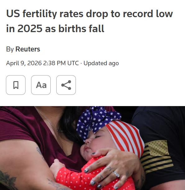外媒：美国2025年生育率创历史新低，全年出生婴儿约360万，同比下降1%，一般
