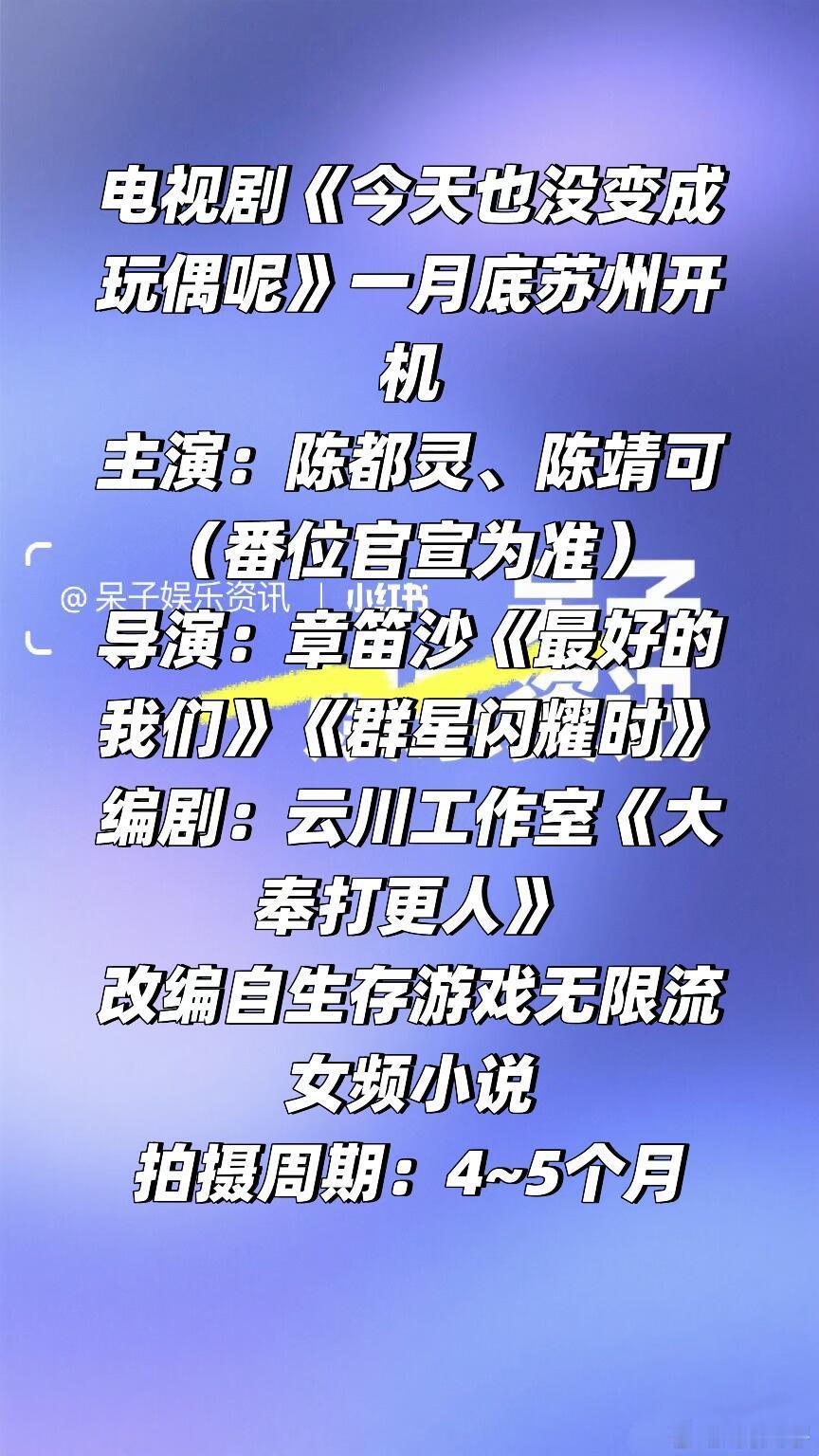 电视剧《今天也没变成玩偶呢》即将苏州开机主演：陈都灵、陈靖可（番位官宣为准）导演