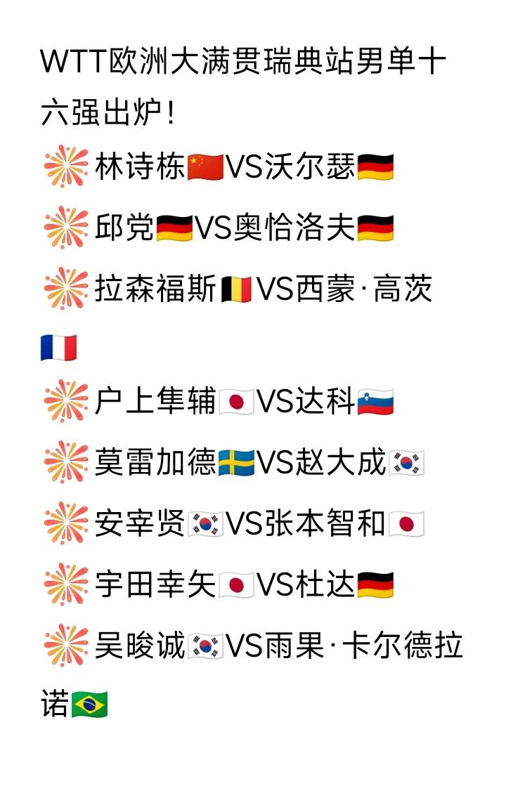 林诗栋🇨🇳被德国人包围了，
WTT欧洲大满贯瑞典站男单十六强出炉，
一个五星