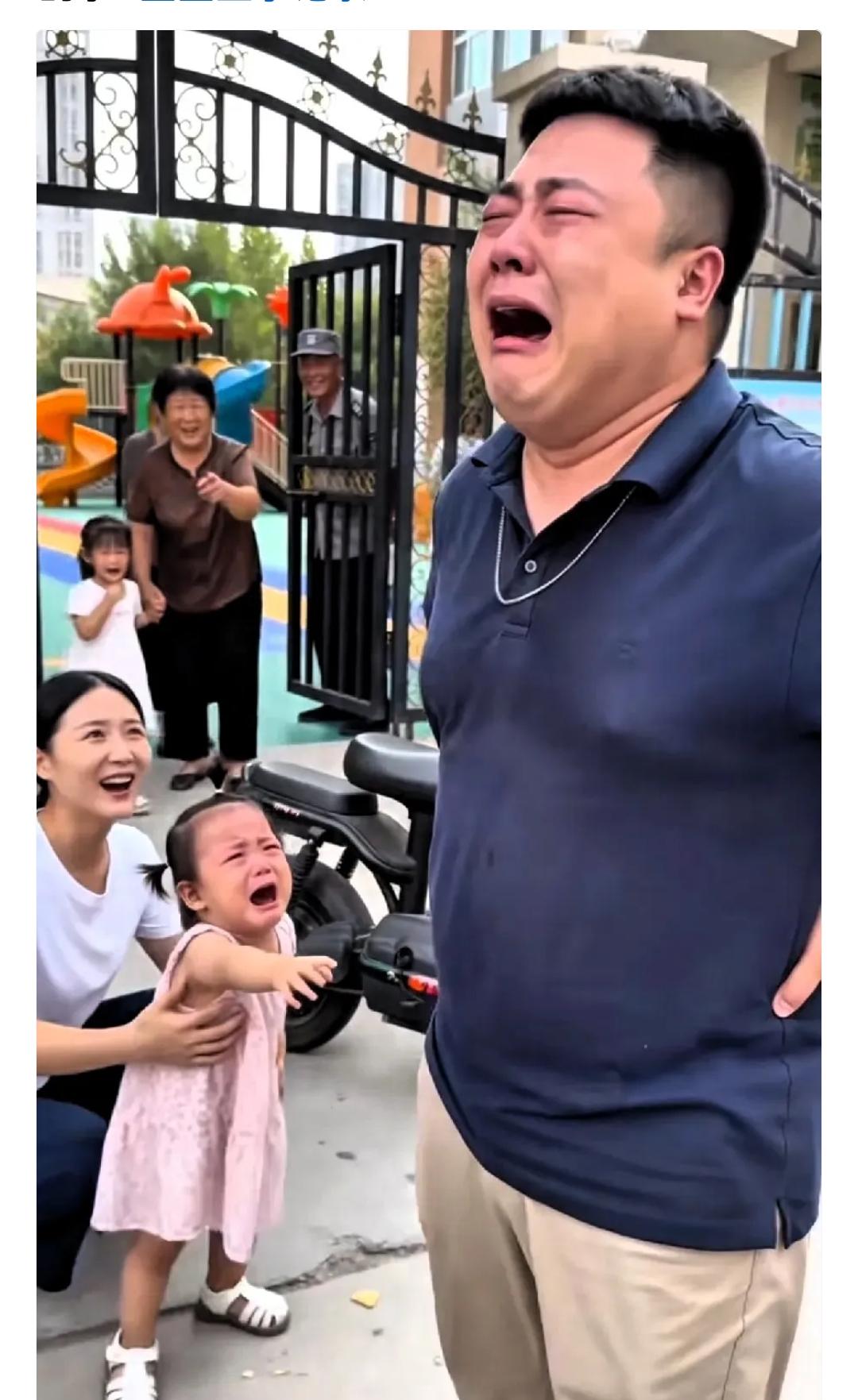 爸爸送女儿第一次上幼儿园，哭得稀里哗啦。妈妈本想哭，却被爸爸抢了风头。孩子第一次