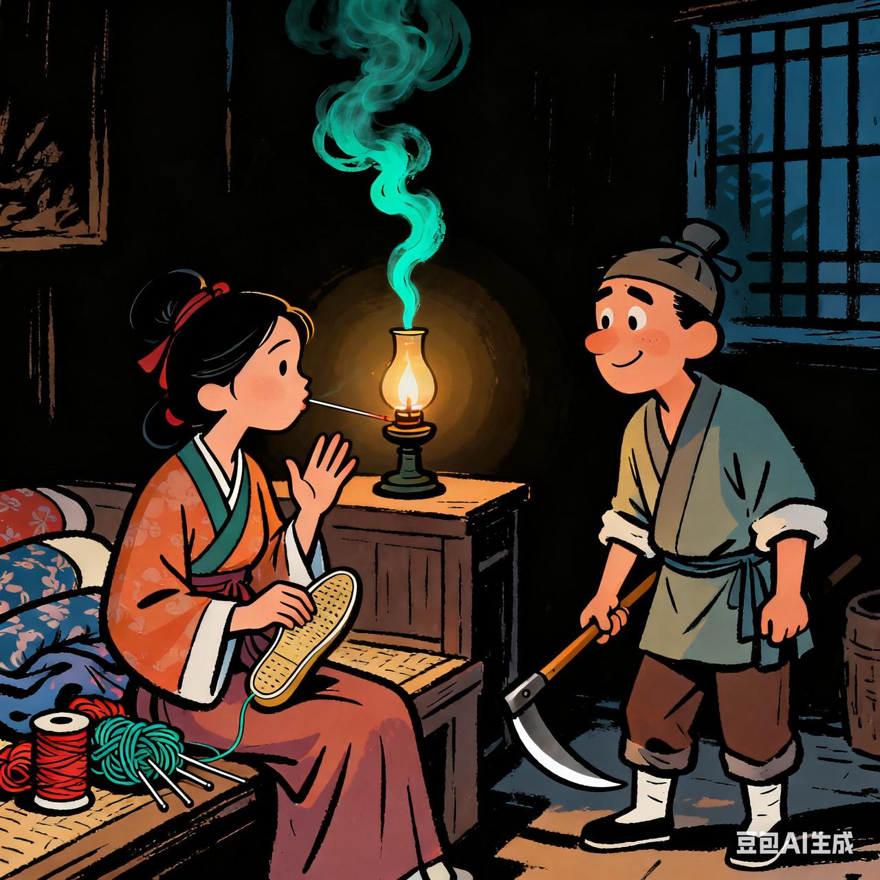 古代夫妻搞笑段子

夜里妻子对着油灯纳鞋底，丈夫在一旁磨镰刀，磨着磨着叹了口气。