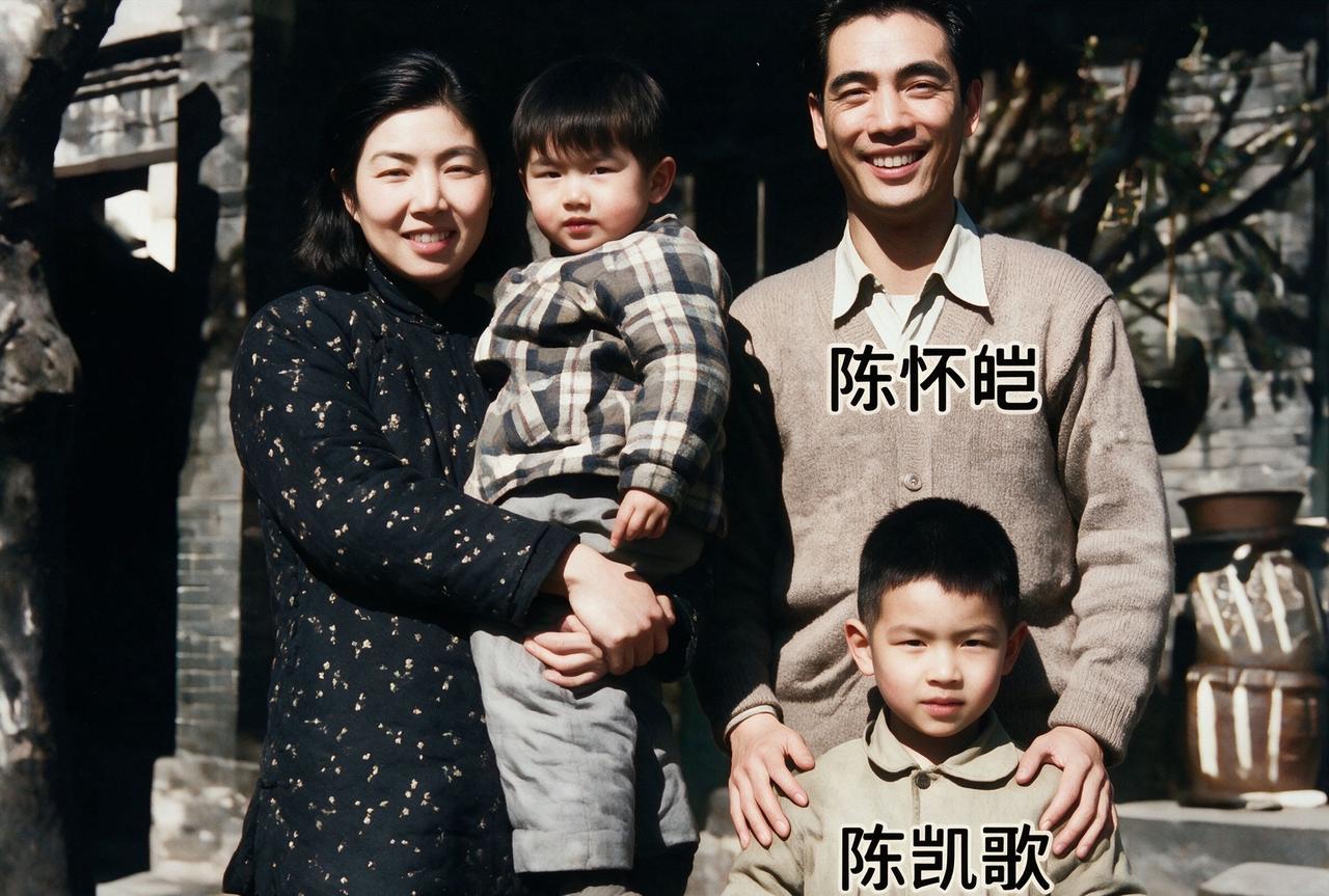 陈凯歌小时候和家人的全家福，长大之后的陈凯歌和父亲太像了，父亲是一名导演，母亲是
