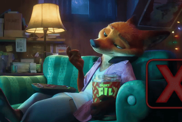 疯狂动物城2第一次展示了尼克家里的样子，悠闲瘫沙发+舔花生酱的这份松弛感  而设