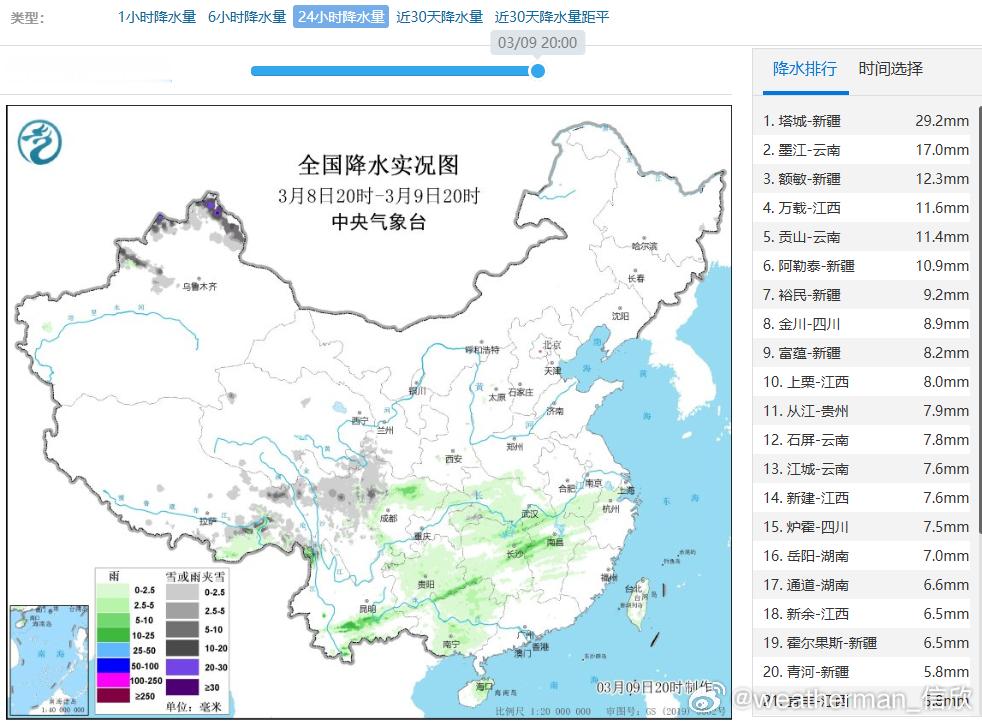 【雨雪】昨晚到今天，新疆北部的强降雪持续，塔城29.2毫米，大暴雪（30以上为特