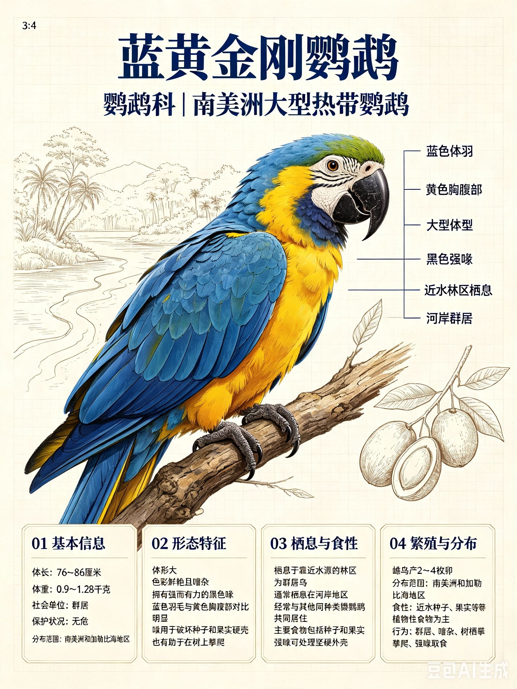 鸟类朋友图鉴 蓝黄金刚鹦鹉体长：76~86 厘米体重：0.9~1.28 千克社会