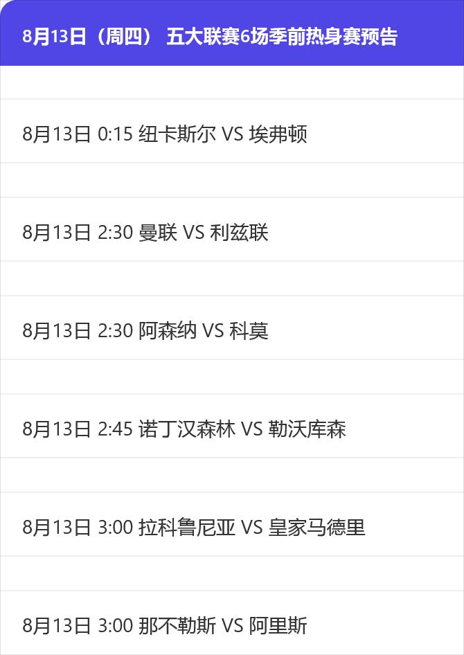8月13日（周四） 五大联赛6场季前热身赛预告

8月13日 0:15 纽卡斯尔
