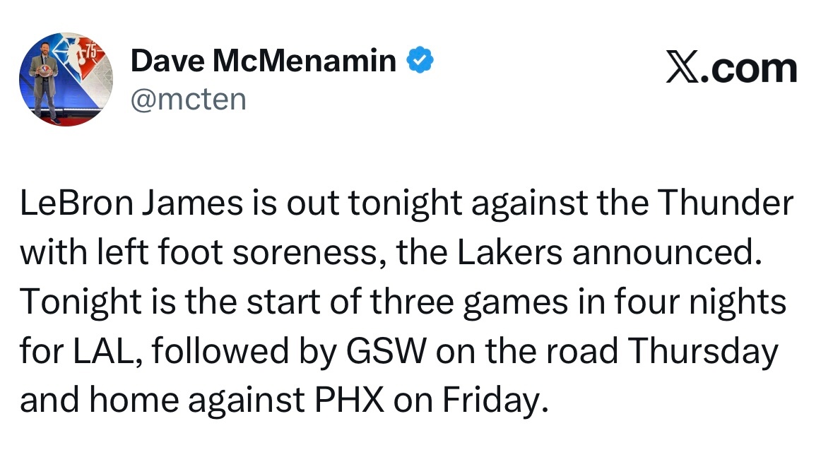 湖人官方宣布，詹姆斯因左脚酸痛，将缺席今晚对阵雷霆的比赛。 