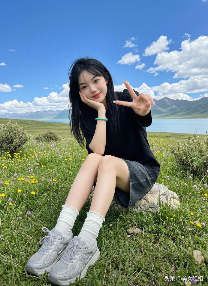 在草地上，女孩摆出V字手势，微笑着。