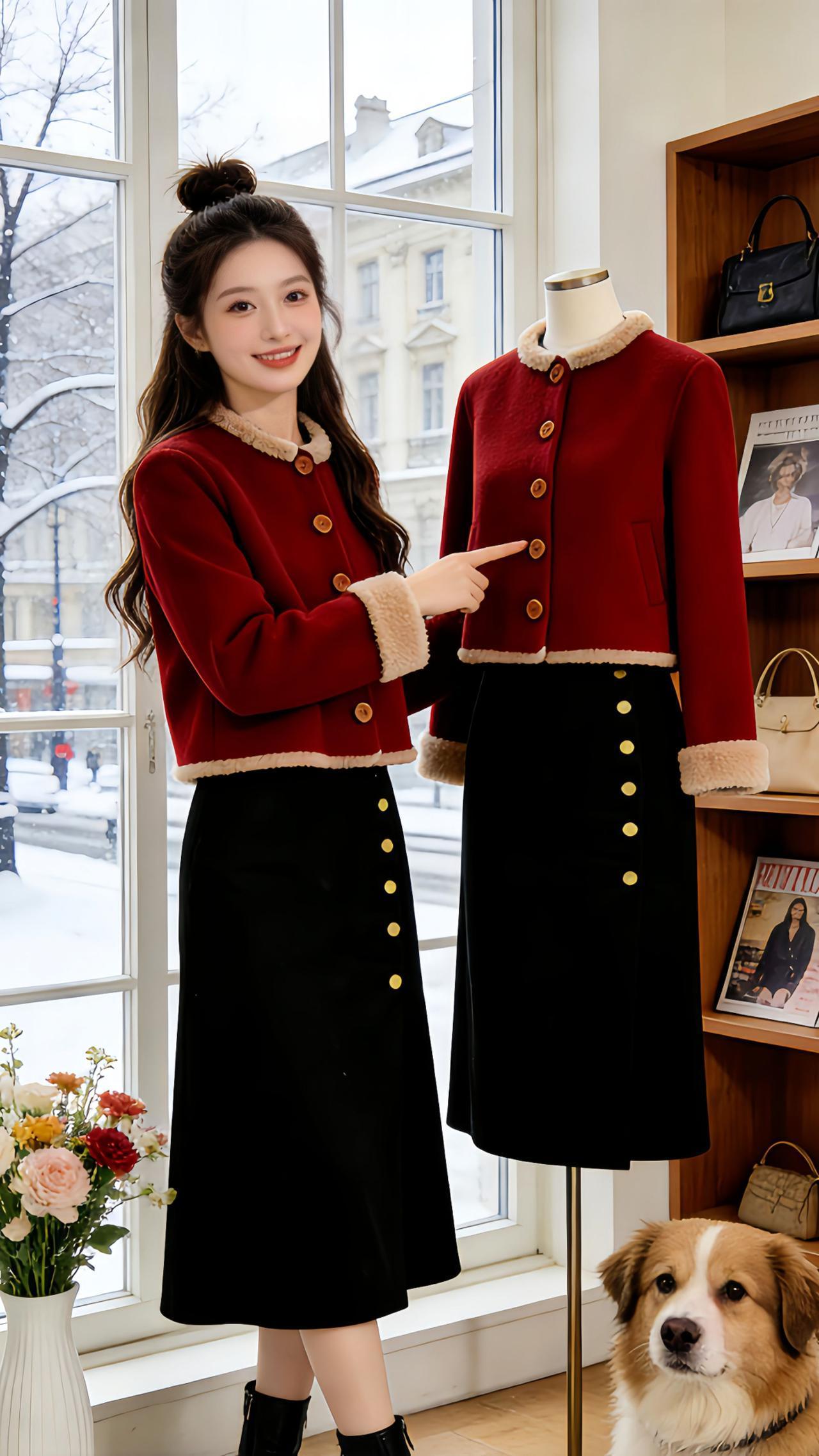 Danny在飘雪的窗边解锁冬日穿搭新惊喜，红色复古外套的毛绒边裹着温柔暖意，搭配