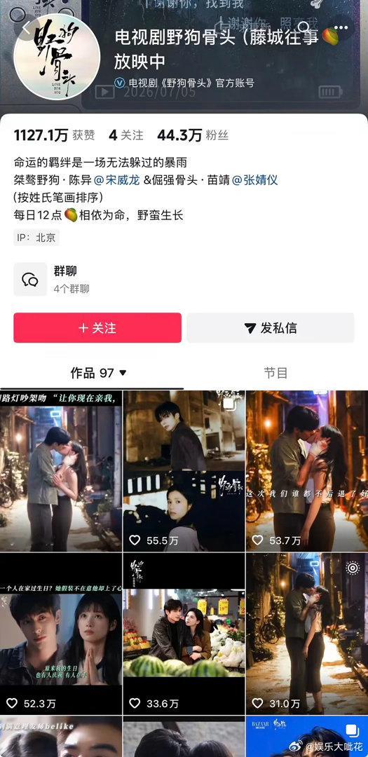 所以宋威龙张婧仪《野狗骨头》播到现在，官抖居然还没有一个百万赞吗？参考之前播出的
