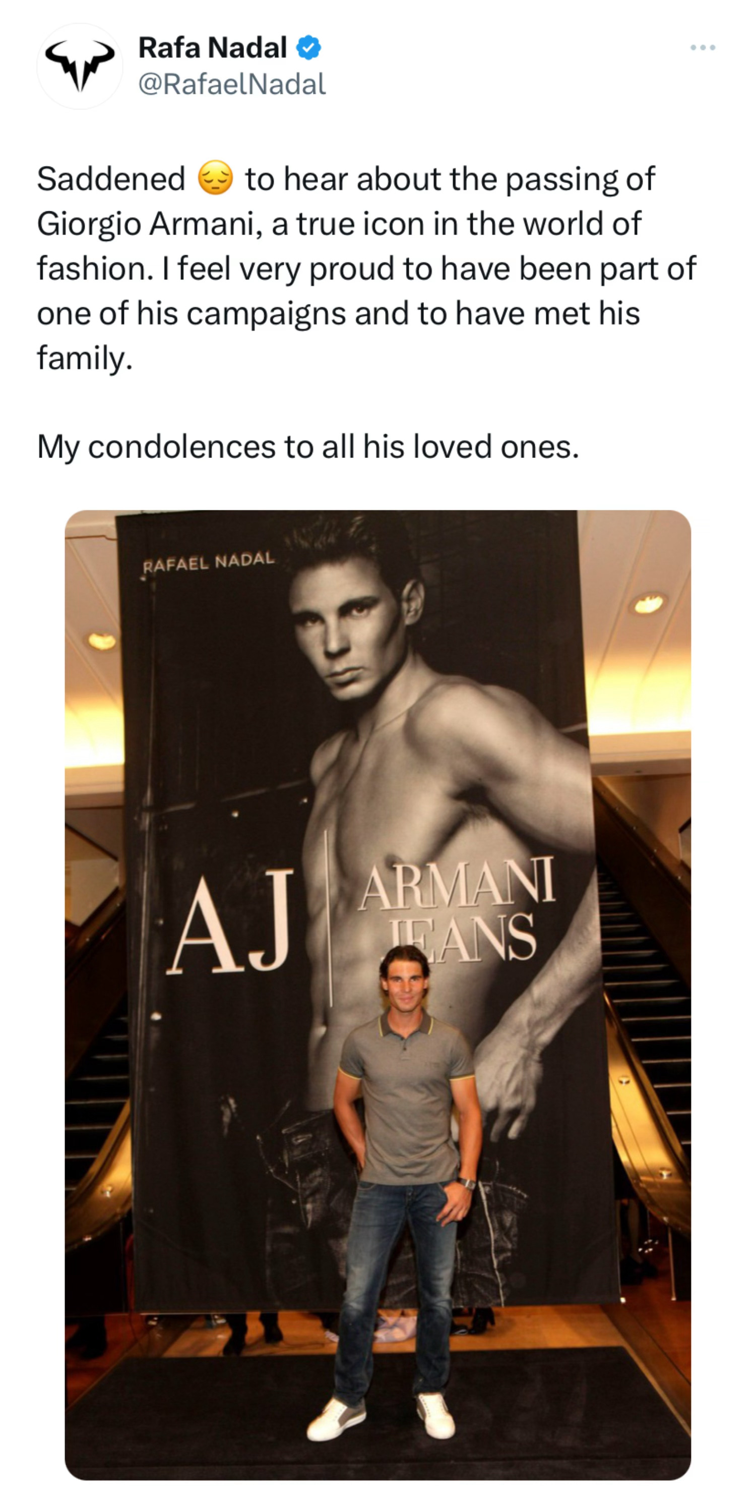 纳达尔在社交媒体发文悼念刚刚过世的乔治-阿玛尼（Giorgio Armani），
