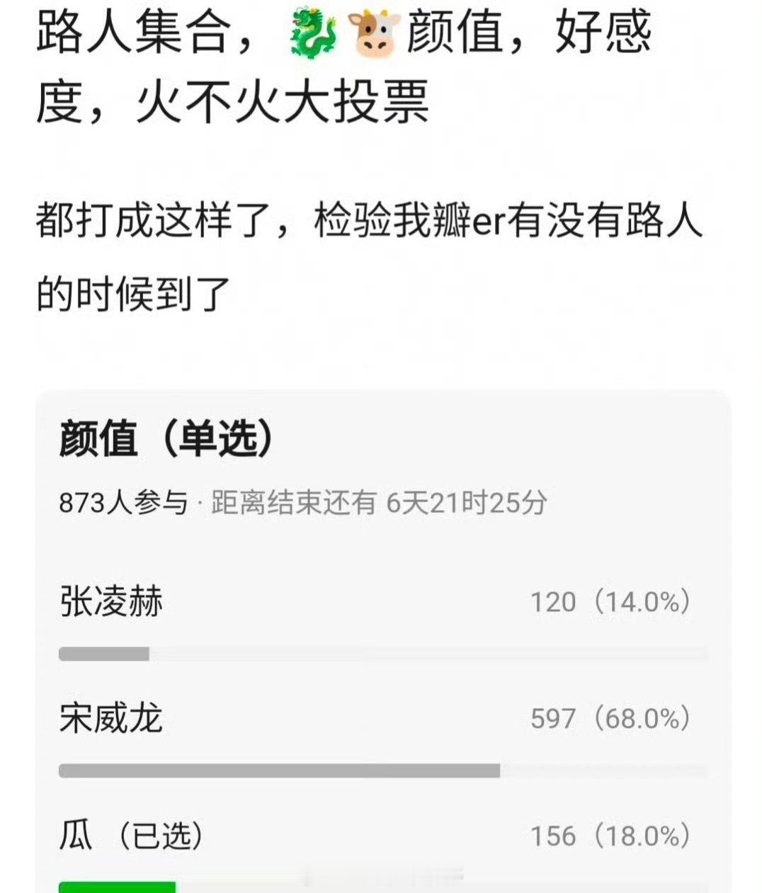 网友关于宋威龙 张凌赫颜值、好感度、热度相关投票 