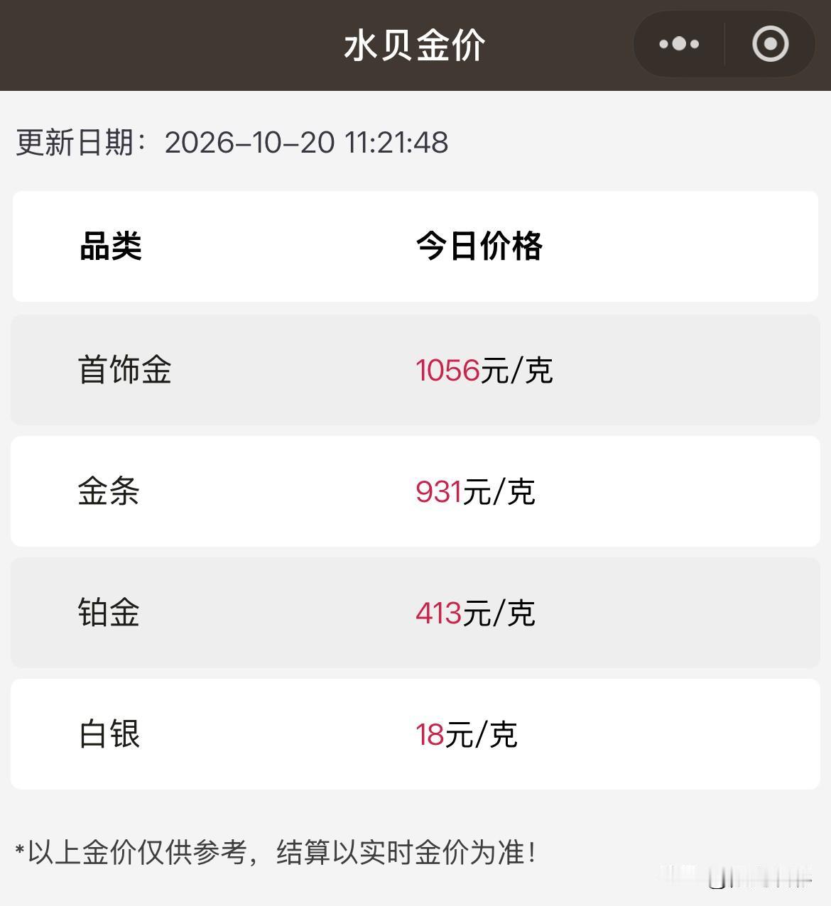 深圳水贝黄金实时报价！

2026年10月20日，农历九月十一，星期二。

那么