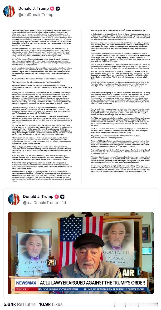 今天，我将简短地讨论一下我刚刚在美国最高法院听到的有关出生公民权的辩论。听了这些