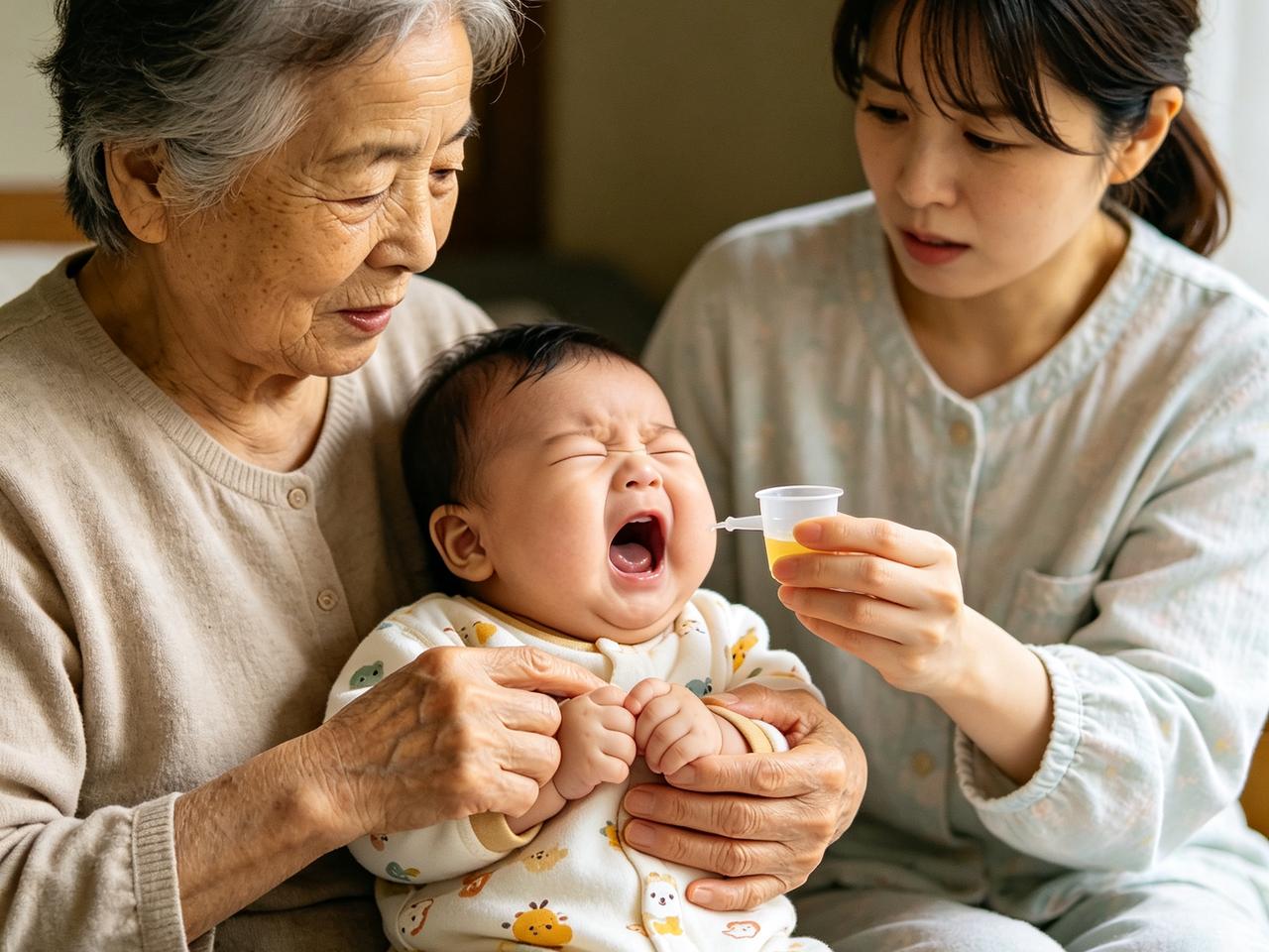 给他吃药，他不肯吃。

就把药水放在杯子里给他喝。

他喝了一口，觉得味道不对，