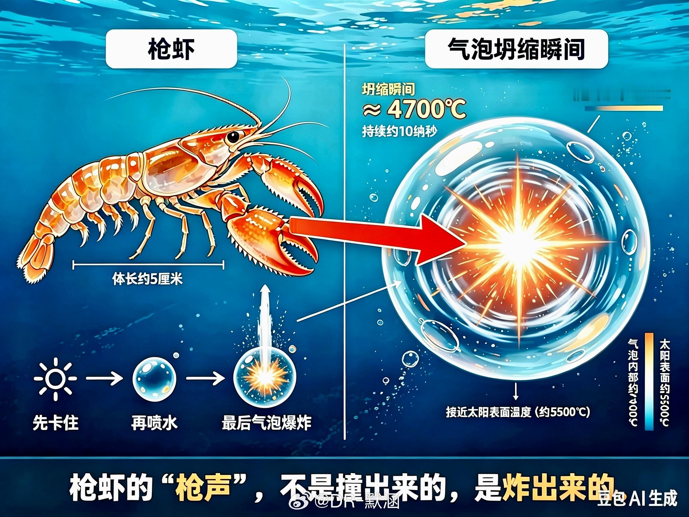 枪虾（也叫鼓虾）身长不过5厘米，但它闭合巨螯时，发出的不是“啪”的撞击声。那声爆