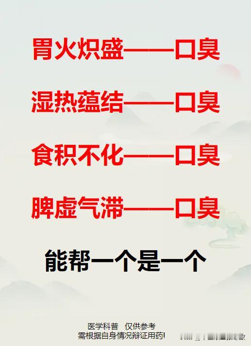 老中医：口臭，能帮一个是一个
胃火炽盛型口臭；湿热蕴结型口臭 
食积不化型口臭 