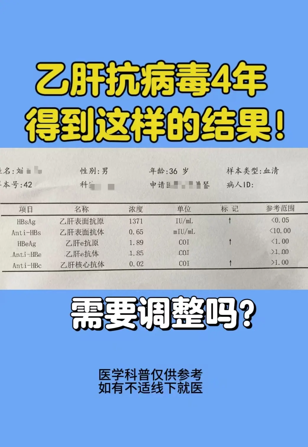 这是一张来自山东菏泽的乙肝患者的乙肝五项报告单，和我自述他抗病毒时间已...