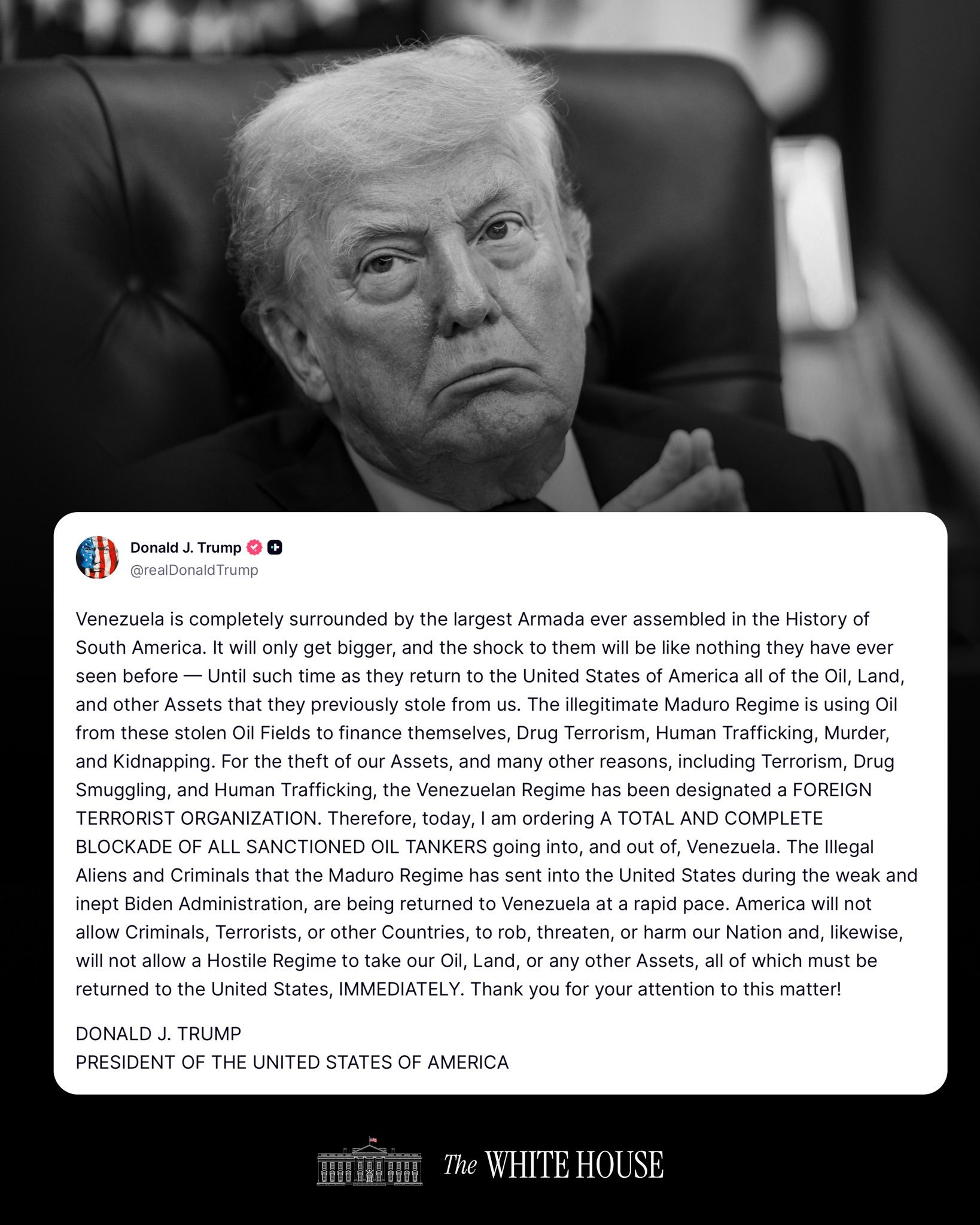 “委内瑞拉被南美洲历史上最大规模的舰队完全包围。这场战争只会越来越大，对他们来说