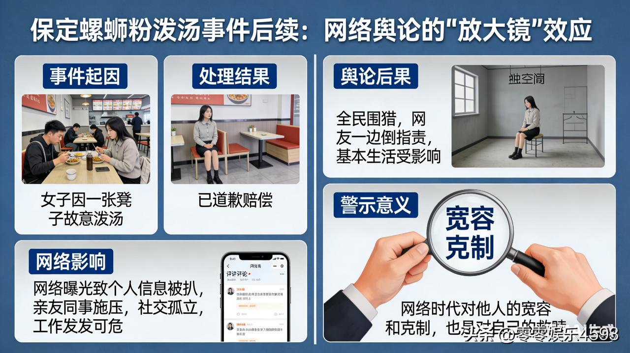 保定螺蛳粉泼汤事件后续令人唏嘘：女子因一张凳子故意泼汤，虽已道歉赔偿，但网络曝光