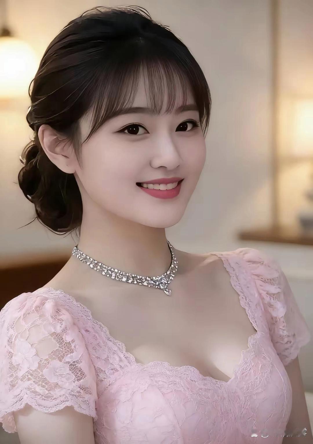 温柔甜美的粉色蕾丝连衣裙，搭配闪亮项链，优雅动人！🌸💎