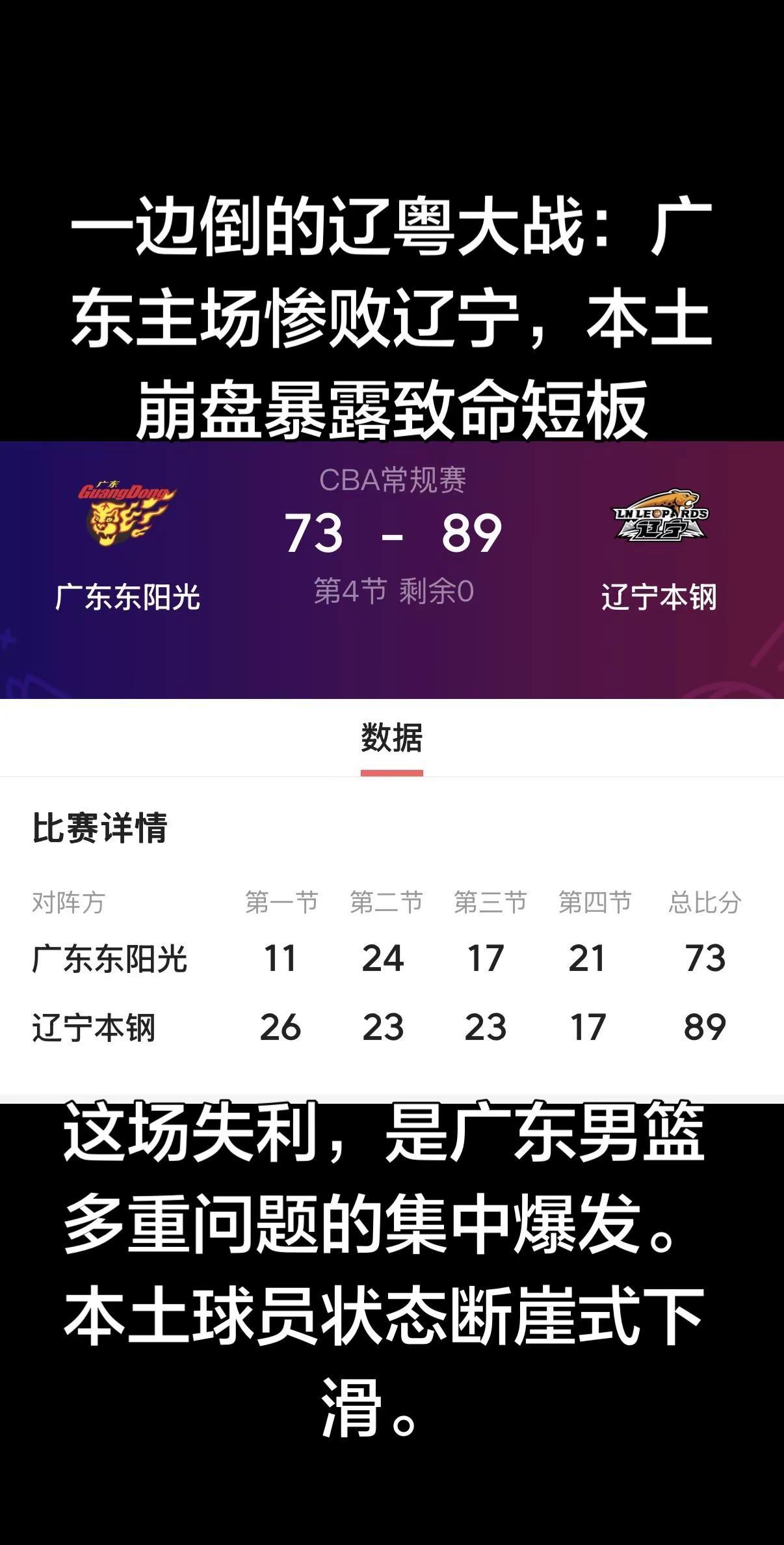 作为CBA传统豪强，广东的惨败令人唏嘘。这场失利不仅是一场常规赛的胜负，更是球队