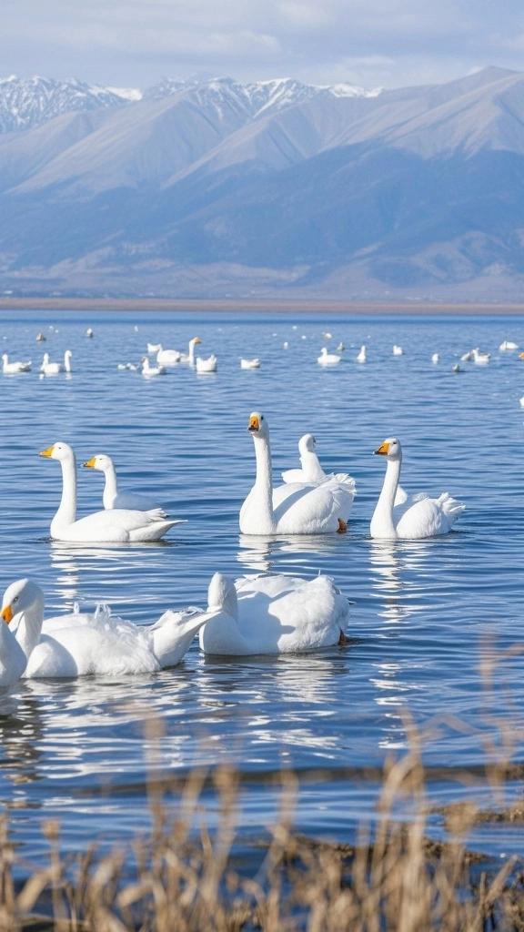 一群鹅在湖面上悠闲地游着。