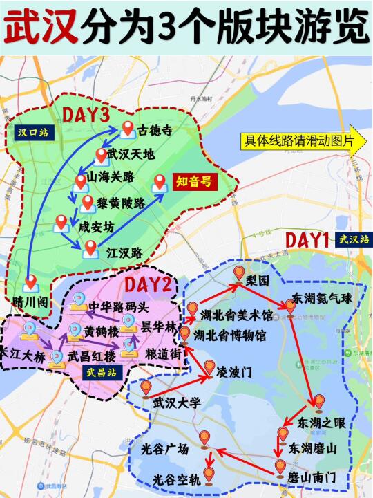 武汉怎么玩❓本地土著手绘3个板块游览地图