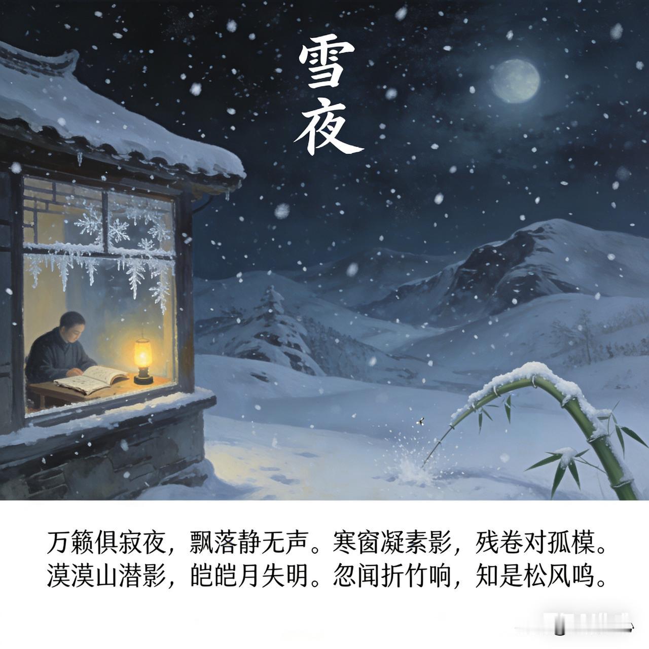 昨夜下了一场尺余厚的大雪，清晨起来扫完雪后见景生情，作了这首《雪夜》五言句诗词，