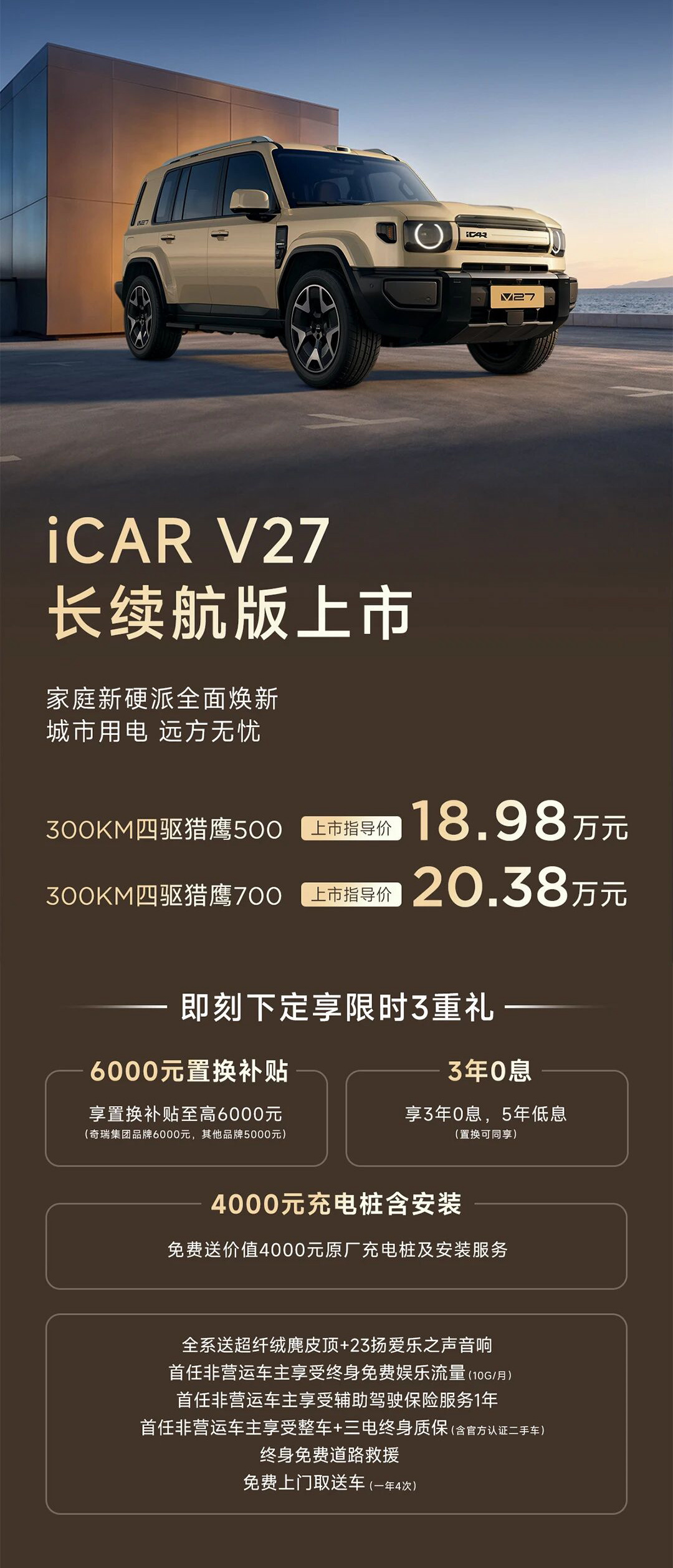 今天 iCARV27长续航版上市 ，增程式车型电池更大、纯电续航更长，对日常用车