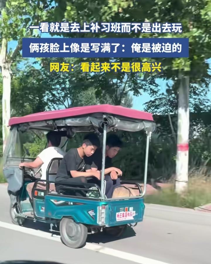 早上八点钟，一大姐骑三轮车带着两个孩子，两个孩子明显没睡醒。大家说说他们去干啥？