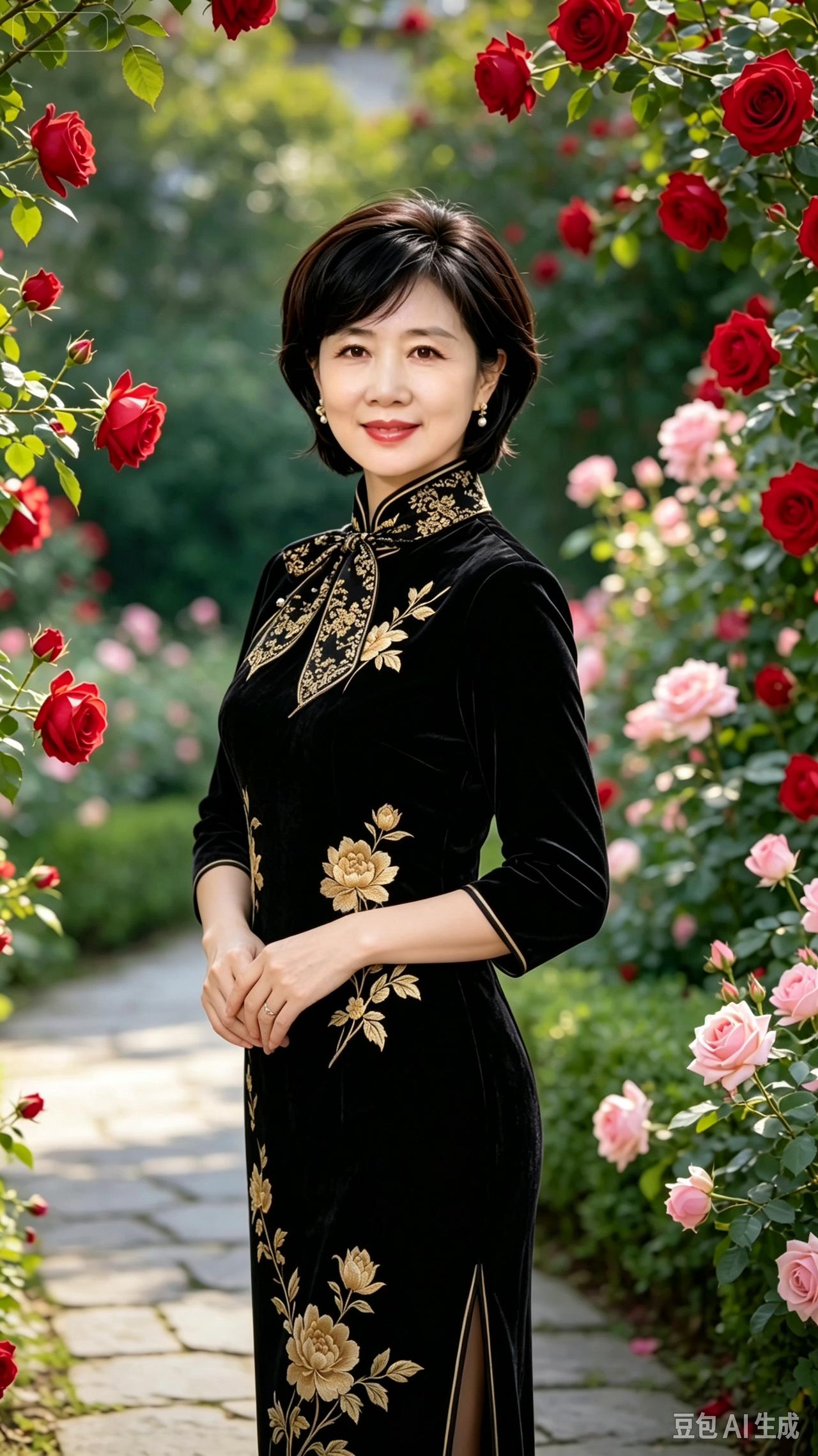 这位身着旗袍的女士立在花园里，实在太动人！一袭绣着金花的黑旗袍，端方又雅致🌹