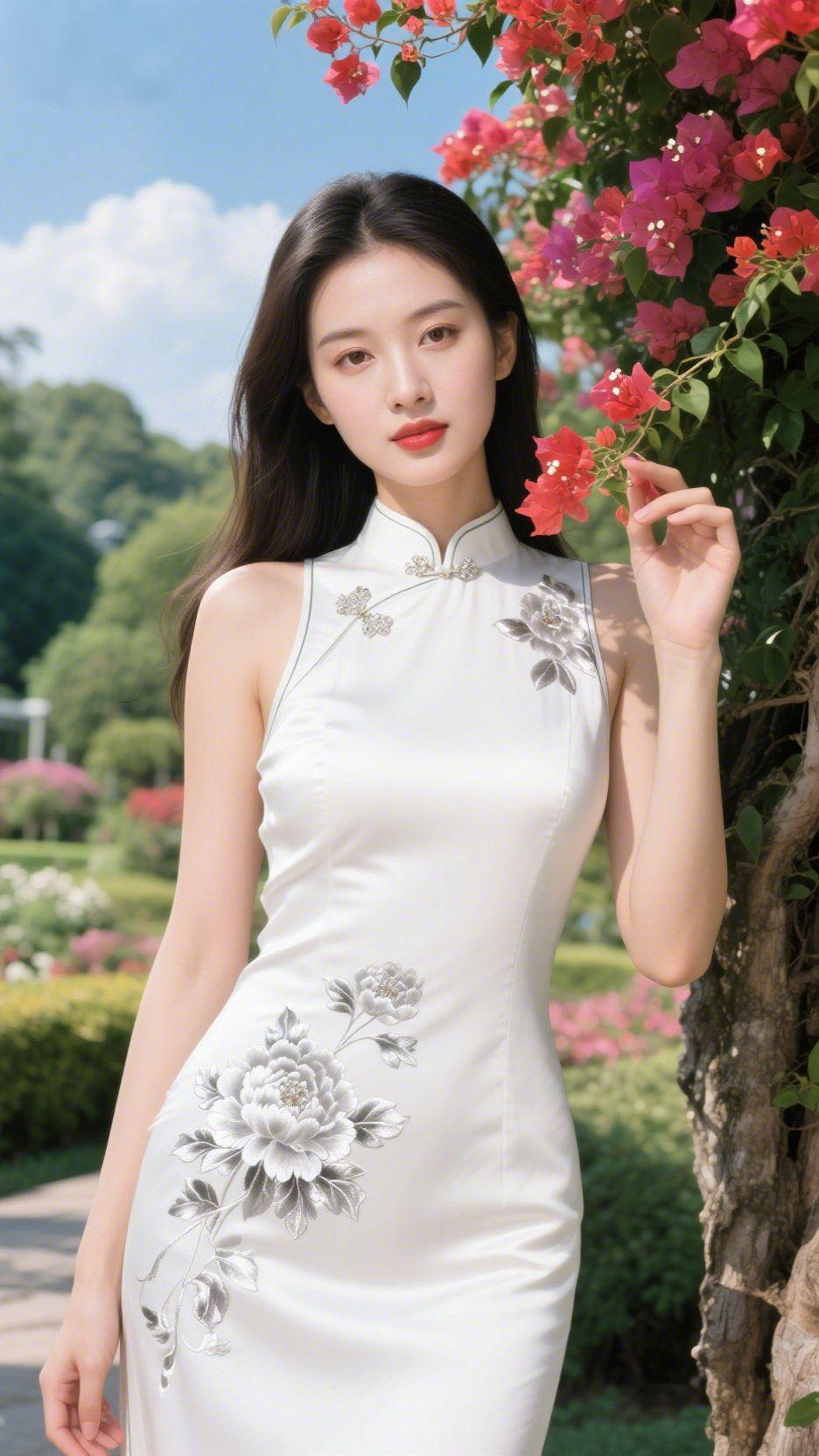 《素缎裁春》
 
风把日光织得轻软，落在她身侧那袭月白旗袍上。银线绣就的牡丹，浅